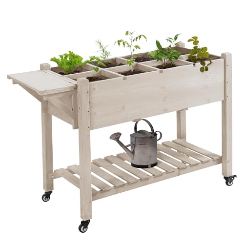 Outsunny Raised Garden Bed with 8 Grow Grids, Wooden Outdoor Plant Box Stand with Folding Side Table and Wheels, 49
