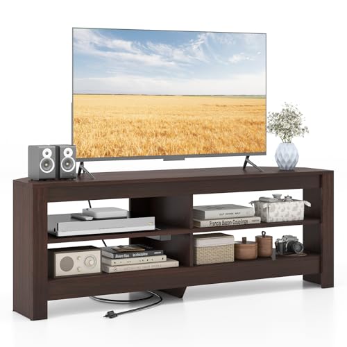Tangkula 55''L Corner TV Stand with Power Outlet, TV Console Table with 4 Open Storage Shelves for Living Room Bedroom, Corner Media Entertainment Center for TVs up to 65 Inches (Black, 55