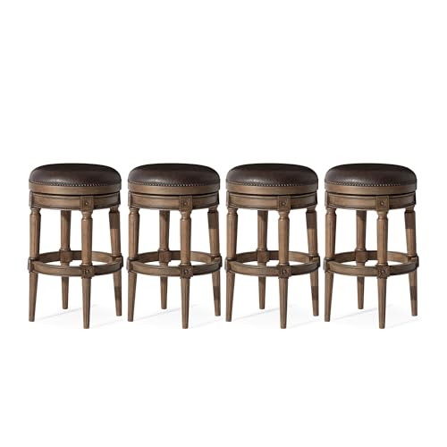 Maven Lane Pullman 26 Inch Tall Counter Height Upholstered Backless Barstool in Reclaimed Oak Finish with Ronan Stone Vegan Leather Seat, Set of 4