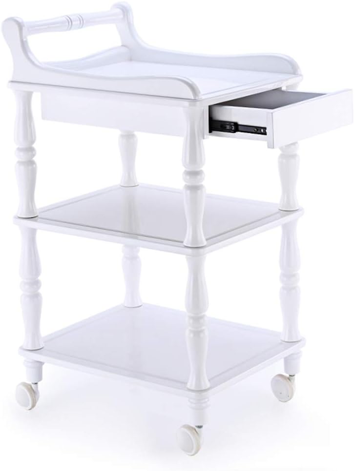 Serving Trolley,3-Tier Shelf Utility,Wood Storage Kitchen Cart Serving Bar Cart Utility Trolley Rack, Home Commercial (White with Drawer)