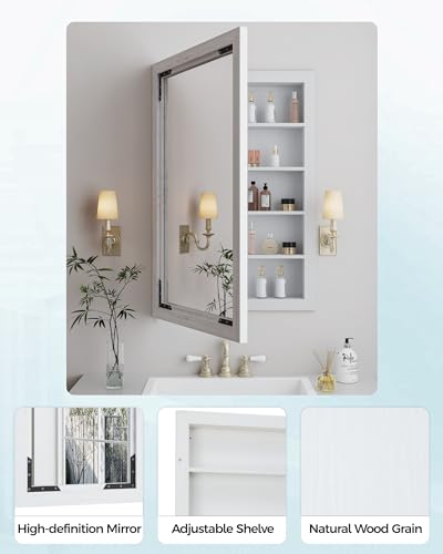 Medicine Cabinet Mirror 16 x 24 Inch Farmhouse Bathroom Mirror Door Paulownia Wood Storage Cabinet with Adjustable Shelves, Wall Mounted for Bathroom Living Room, Grey
