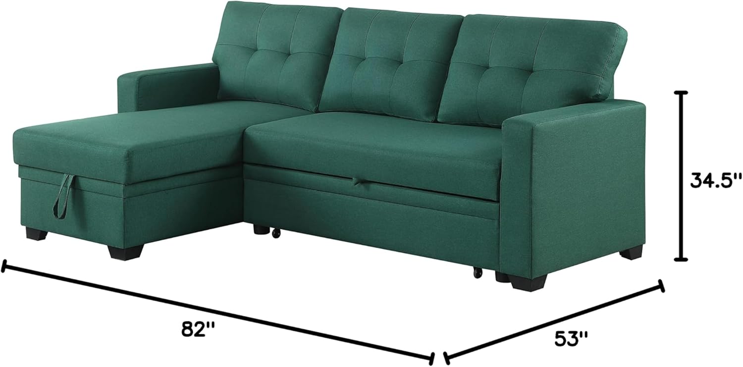 Sleeper Sofa, Pull Out Bed, 3 Seat L-Shaped Convertible Sectional Couch with Reversible Storage Chaise for Small Space Apartment, Green