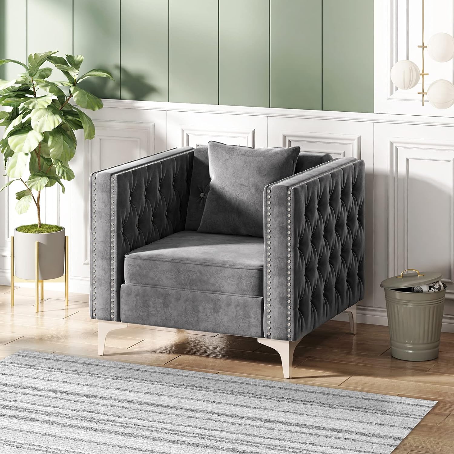 Velvet Armchair, Single Seat Sofa with Solid Wood Frame and Iron Legs Sofa Mini Couch, Small Sofa for Living Room Bed Room, Balcony(Grey)