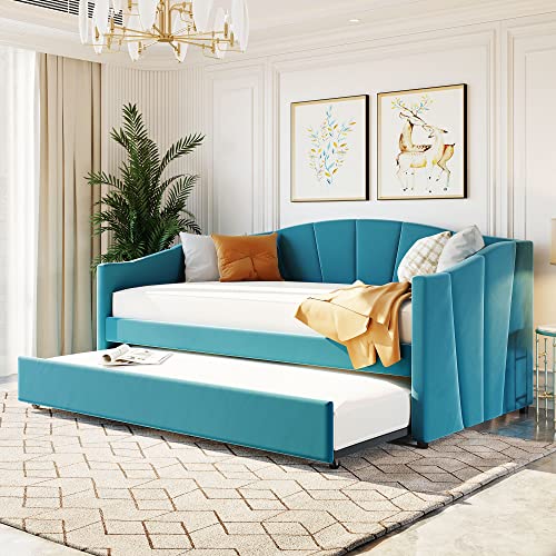 Twin Size Upholstered Daybed with Trundle Wheels for Kids, Boys and Girls, Curved Backrest Velvet Day Frame w/Wood Slat, Sofa Bed for Living Room, Bedroom, Apartment, Grey