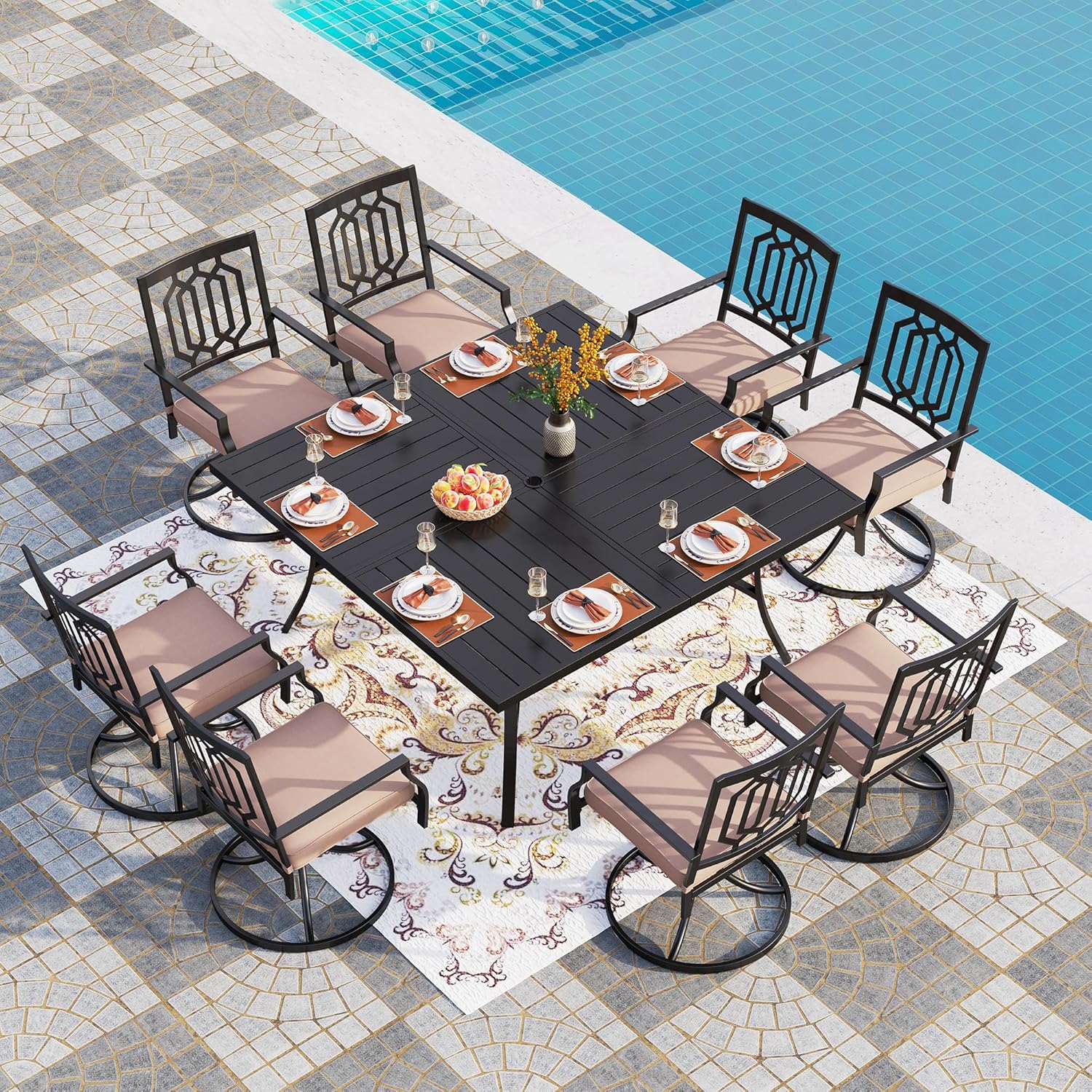 PHI VILLA 9-Piece Outdoor Dining Set, Square Metal Table (60