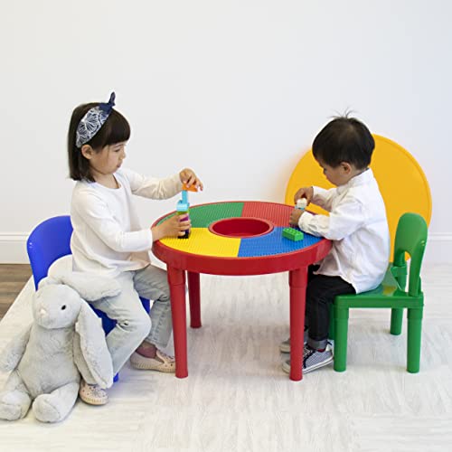 Humble Crew, White/Blue/Pink Kids 2-in-1 Plastic Building Blocks-Compatible Activity Table and 2 Chairs Set, Light Colors