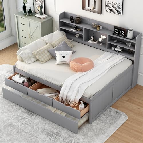 Harper & Bright Designs Full Size Bed with Storage Drawers and Side Bookcase, Solid Wood Platform Bed Frame with Study Desk, Full Size Daybed Sofa Bed for Bedroom Living Room, Natural