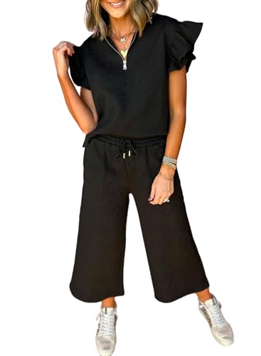 SHEWIN 2 Piece Sets Outfits for Women Collared V Neck Ruffle Short Sleeve Polo Shirts Quarter Zip Pullover Tops Lounge Set