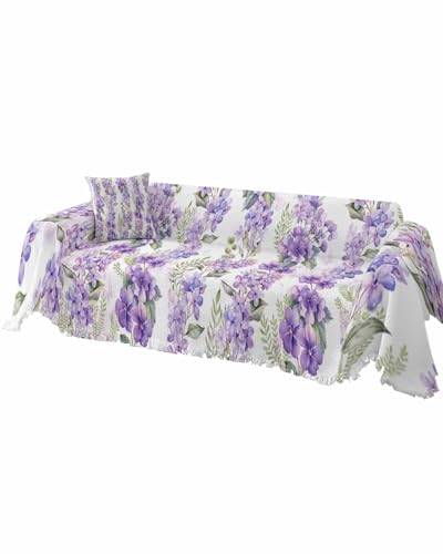 Floral Purple Cover Couch Covers for 3 Cushion Couch Throw Couch Cover with Tassel Soft Slipcover Watercolor Flowers Texture Leaves Plants White Couch Furniture Protector for Dog Pet 71