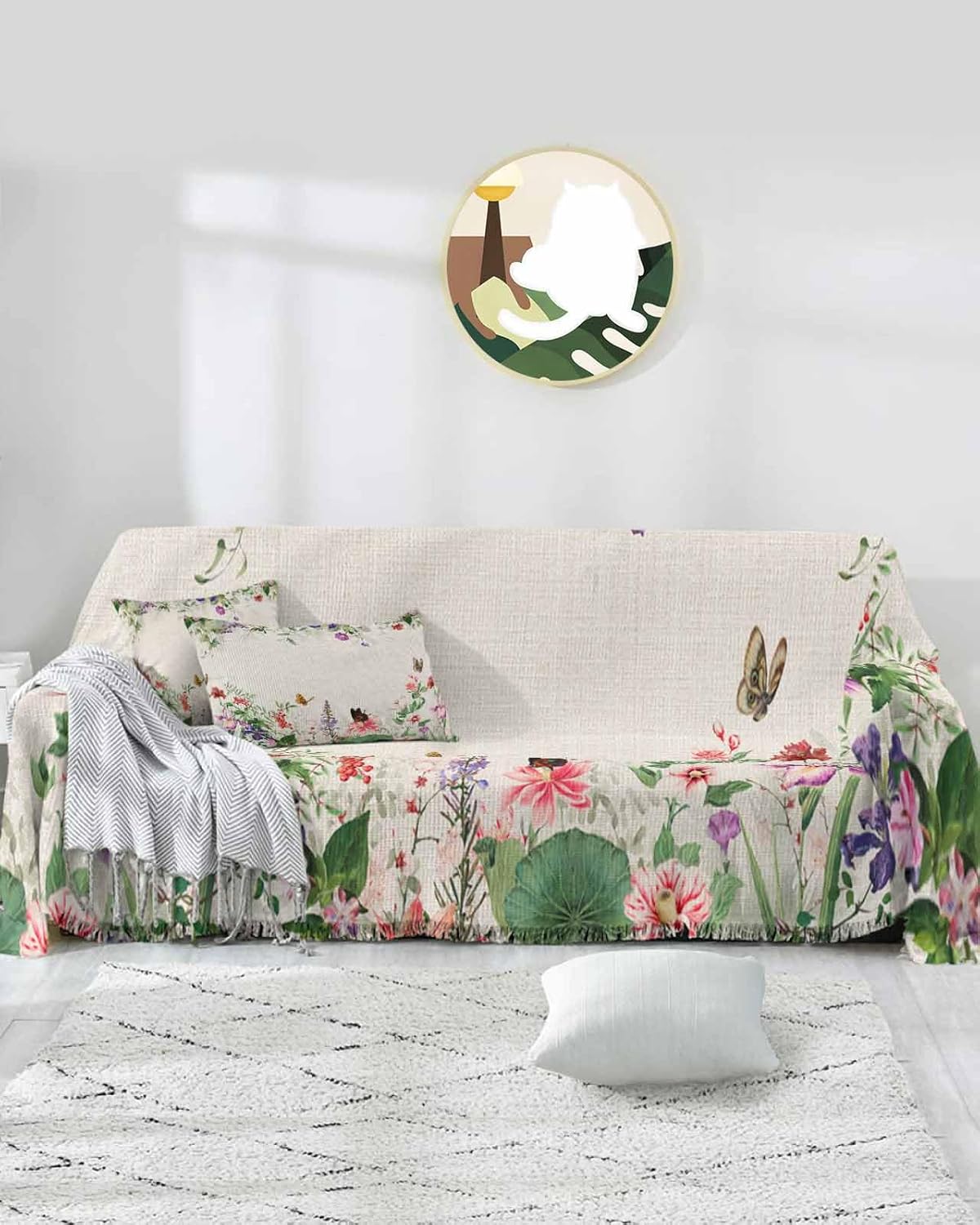 Spring Floral Cover Couch Covers for 3-4 Cushion Couch Throw Couch Cover with Tassel Soft Slipcover Vintage Butterfly Flowers Leaf Texture on Burlap Couch Furniture Protector for Dog Pet 71