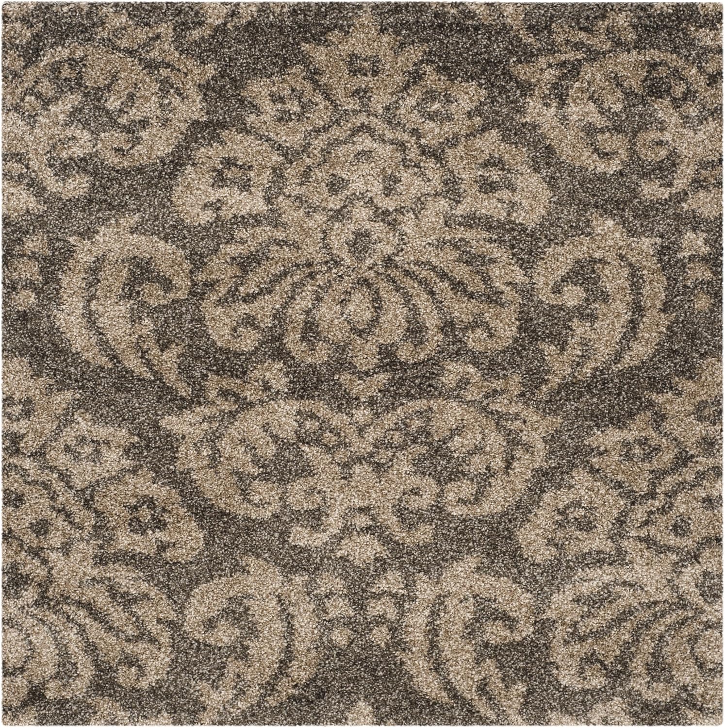 SAFAVIEH Florida Shag Collection 5' Square Smoke / Beige SG460 Damask Non-Shedding Living Room Bedroom Dining Room Entryway Plush 1.2-inch Thick Area Rug