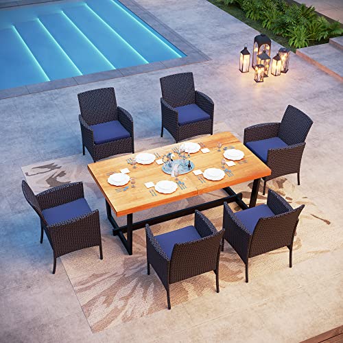 PHI VILLA 7 Piece Outdoor Patio Dining Set for 6, Acacia Wood Table & Wicker Rattan Chairs with Cushions, Farmhouse Teak Dining Furniture Set for Deck, Yard, Porch