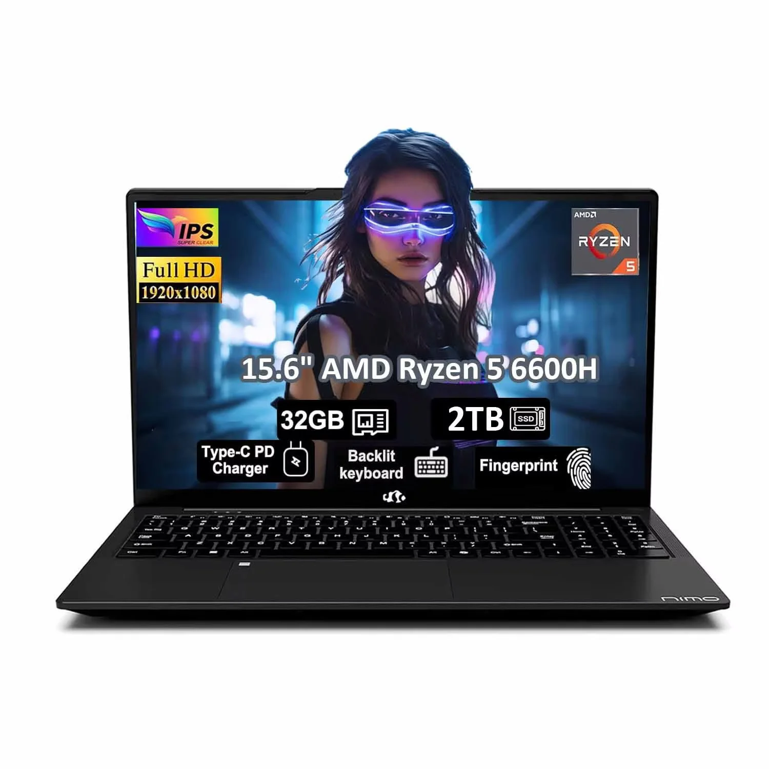 15.6" IPS FHD Laptop, AMD Ryzen 5 6600H 6-Cores 660M GPU 32GB DDR5 RAM 2TB SSD(Beat i7-1165G7, Up to 4.5GHz) Fingerprint Backlit Keyboard Computer with 100W GaN Type C