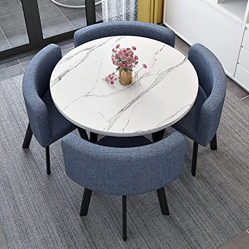 Marble Texture Round Dining Table Set Space Saving Round Dining Table Set 4 Seater Coffee Table Round Table for Dining Room and Kitchen with Recessed Rest