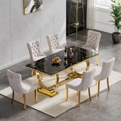7 Piece Marble Dining Table Set for 6, Luxury White Marble Gold Kitchen Table with 6 Grey Velvet Upholstered Chairs, Modern 6 Person Dining Room Table Set for Kicken Dining Office Room