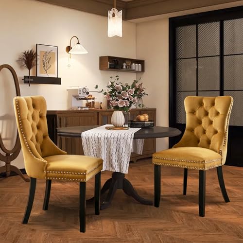 Velvet Upholstered Dining Chairs Set of 6, Modern Style Kitchen Side Chairs with Nailhead Trim and Wood Legs,Metal Pulling Ring for Dining Room Living Room(Quadrangular Star&Black)