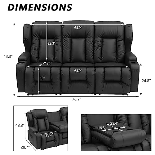 IPKIG Living Room Furniture Sets - 3 PCS Motion Sofa Loveseat Recliner Couch Manual Reclining Chair w/Central Console, Cup Holder for Home Theatre Office (Brown, Living Room Set 1+2)