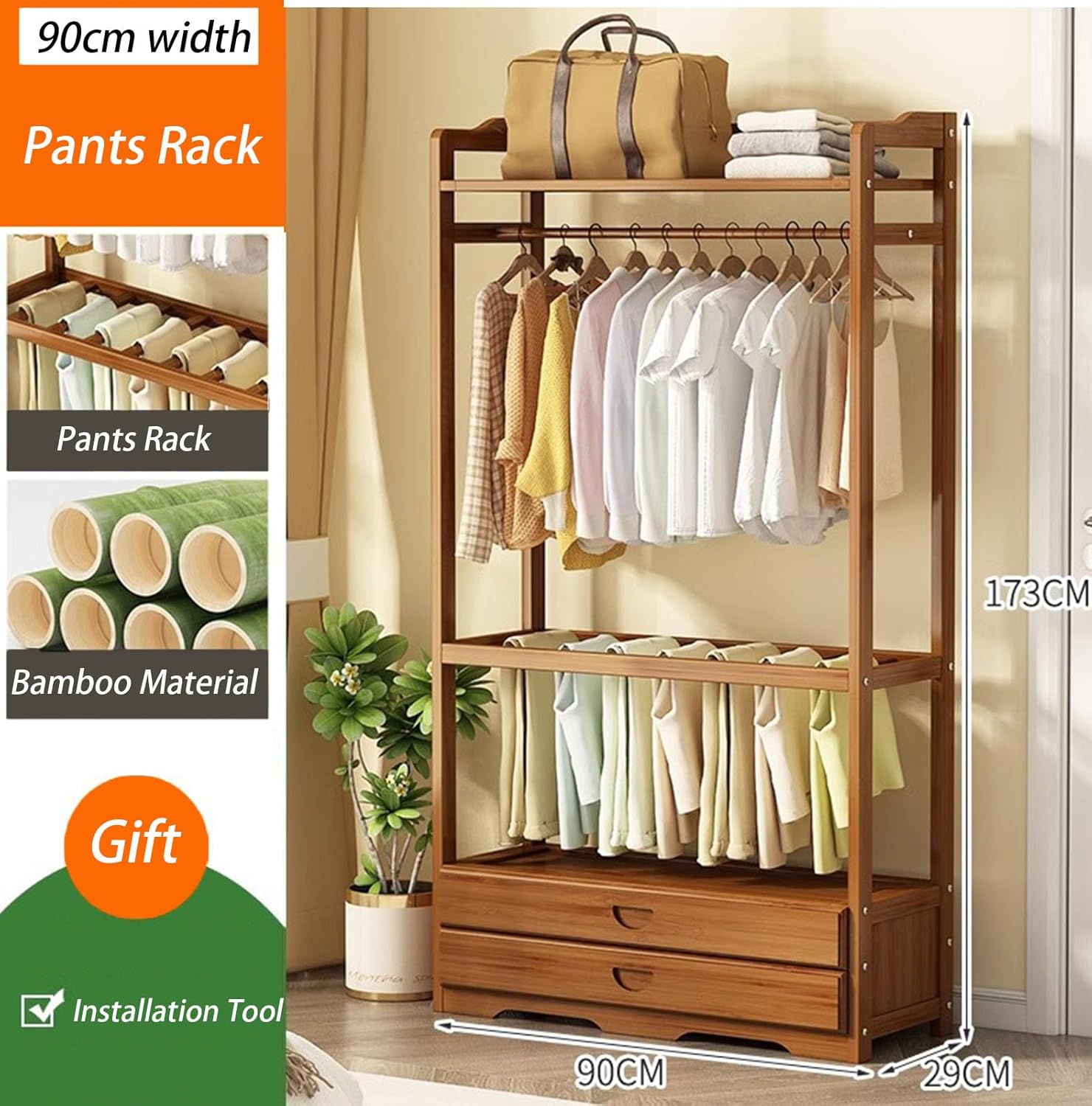 Coat Rack Bamboo Coat Rack Stand Freestanding with Dresses Pants Hang Area, 2 Drawer Private Item and Top Organizer Shelf, Hall Tree for Bedroom Office Entryway Corner