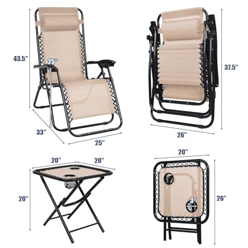 DORTALA 3 PCS Zero Gravity Lounge Chair Set, Outdoor Lounge Chairs w/Removable Headrest and Table w/ 2 Cup Holders, Set of 3 Adjustable Folding Lounge and Table for Balcony Yard Beach Pool, Black