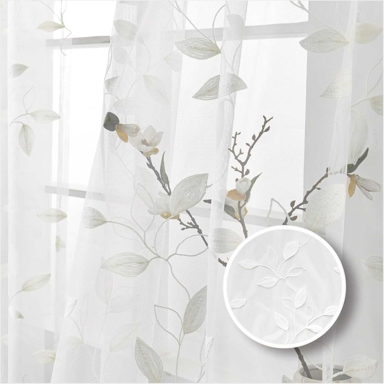 Sheer Curtains 96 inch Length 2 Panels Set, Embroidered Semi Sheer Voile Curtain Panels, Rod Pocket Light Filtering Leaf Sheer Curtains for Living Room (Van Gogh's Peas - 407, 52W x 96L)