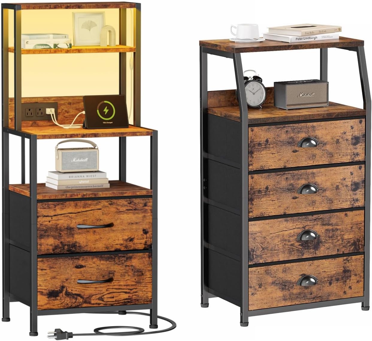 Furnulem 39inch Tall Nightstand with 2 Drawers and Charging Station, Vertical Storage Tower Fabric Dresser for Bedroom, Hallway, Entryway, Nursery