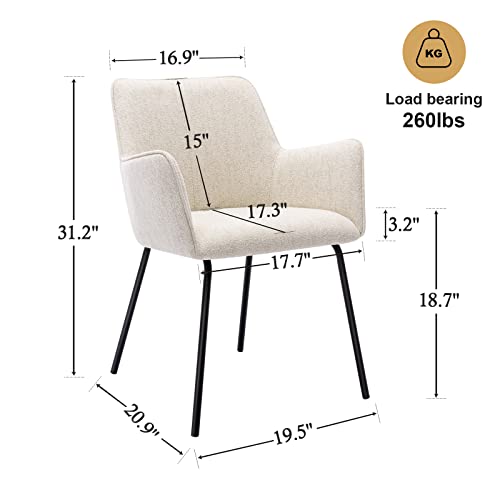 Modern Dining Chairs Set of 4, Upholstered Dining Chair with Arms, Kitchen Chair with Curved Back, Sherpa Accent Chair with Black Metal Legs for Kitchen, Living Room, White