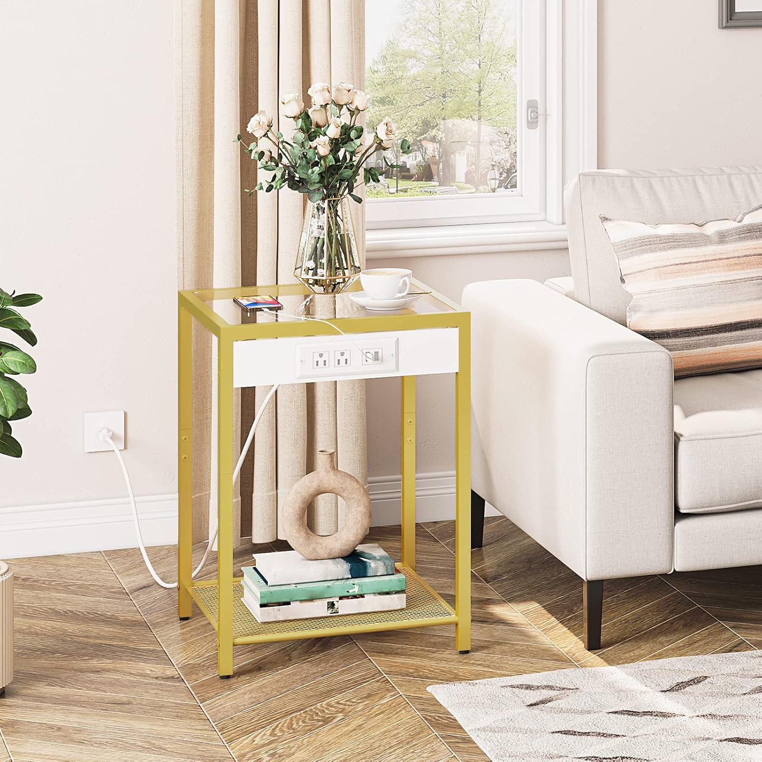 HOOBRO Side Table with Charging Station and C Shaped End Table Bundle, Couch Table That Slide Under, for Small Spaces, Living Room, Bedroom GD76UBZ01-GD08SF01