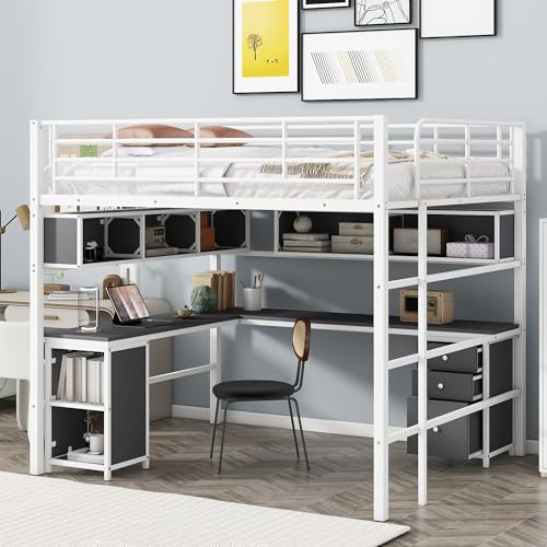 Metal Full Size Loft Bed with Two Parts Storage Bookcase,L -Shaped Desk,Open Cabinet and 3 Drawers,Full Loft Bed Frame Built-in Ladder with for Small Room,Dormitory(White)