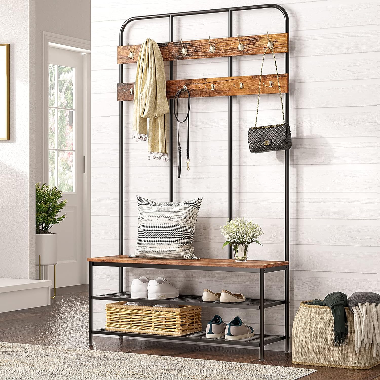 HOOBRO Hall Tree with Bench and Entryway Coat Rack Shoe Bench Bundle, for Entrance, Foyer, Mudroom, Rustic Brown and Black BF05MT01-BF113MT01