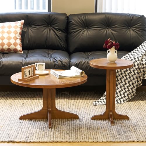 Modern Round Coffee Table Set of 2 Stylish Elegant Nesting Round Wooden Table Farmhouse Living Room Side End Table Set for Living Room Bedroom Apartment Brown