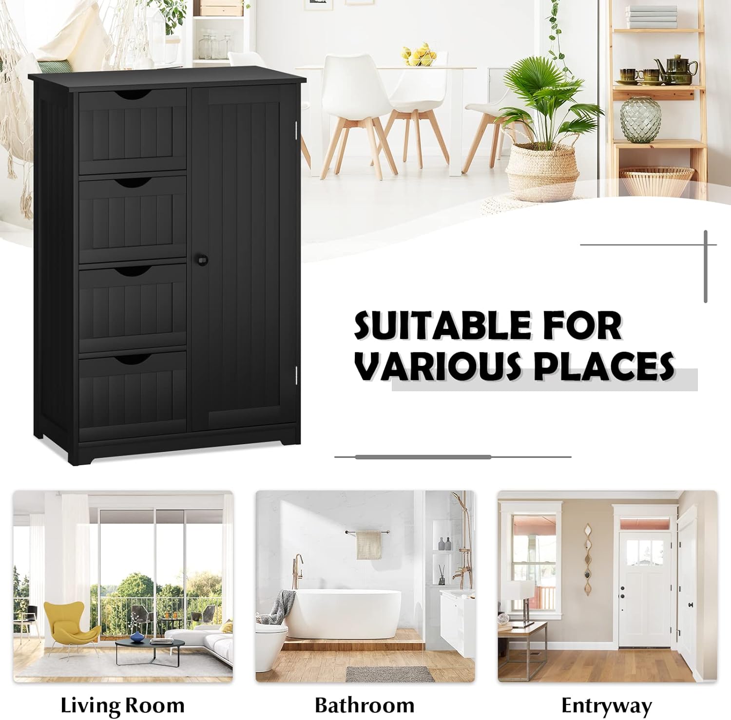 Bathroom Floor Cabinet, Freestanding Storage Organizer Unit with Adjustable Shelf, 1 Doors and 4 Drawers, Wooden Freestanding Cupboard for Entryway Kitchen Living Room (Black)