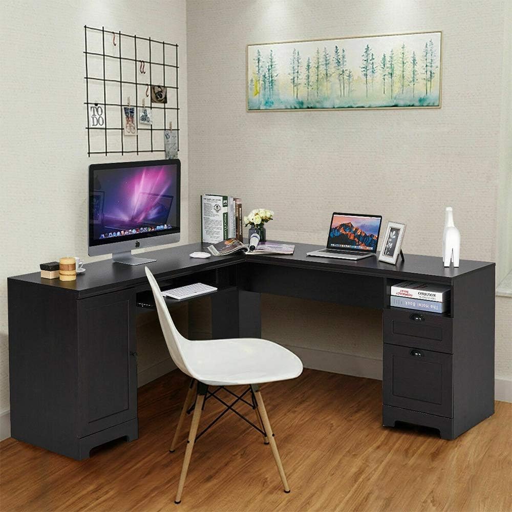 Black L-Shaped Corner Computer Desk Writing Table Study Workstation w/Drawers Storage MDF, PB 66