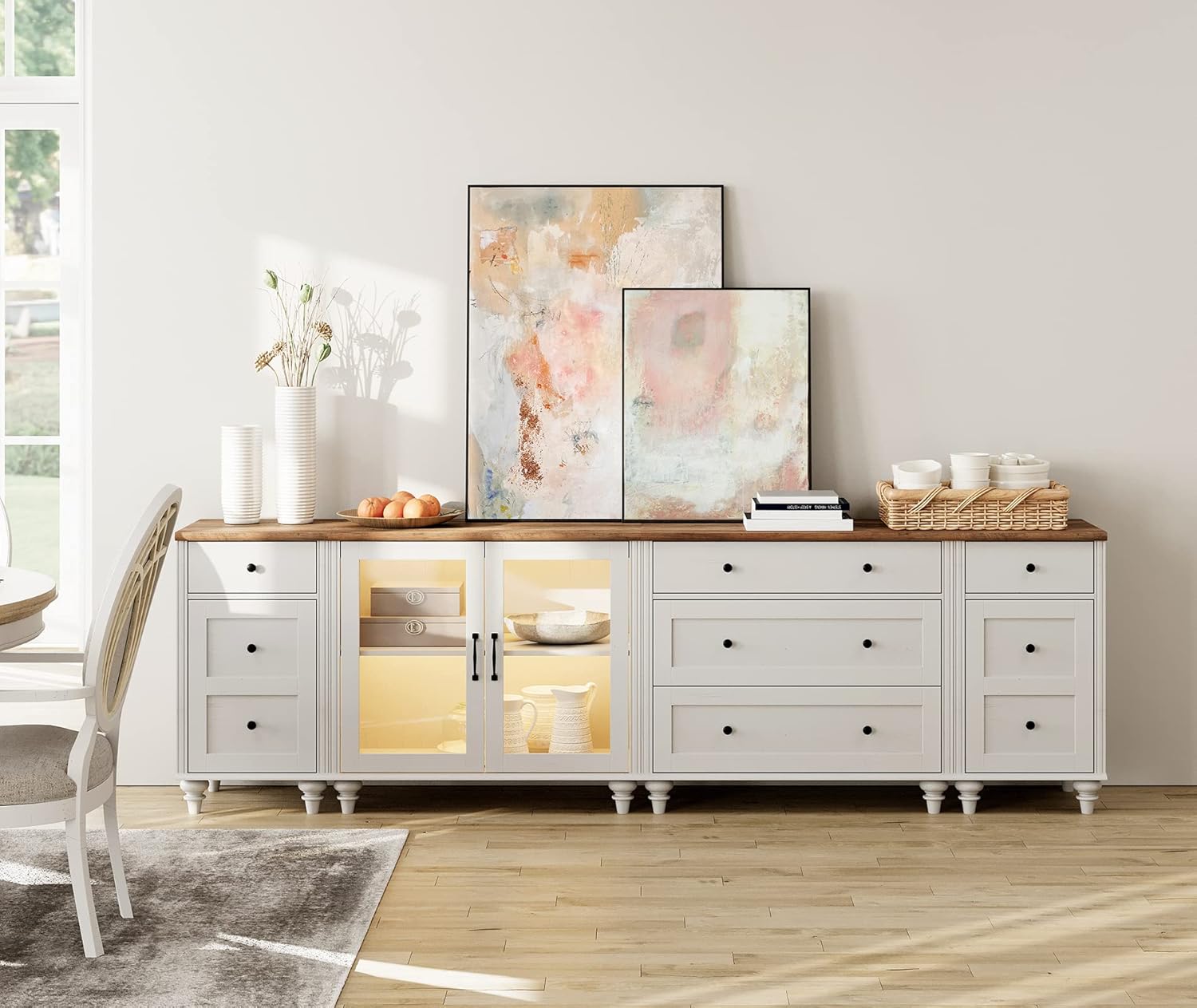 WAMPAT Modern TV Stand for 110 Inch TV, Media Console with 5 Drawers and 4 Storages, Mid Century TV Console Table for 100 90 85 inch TV，Wood Entertainment Center for Bedroom and Living Room, White