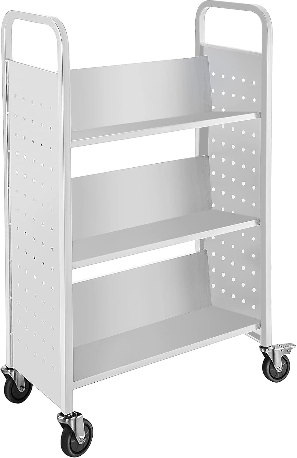 BestEquip Book Cart, 200LBS Library Cart, 49.2''x29.5''x13.8'' Rolling Book Cart, Single Sided V-Shaped Sloped Shelves with 4 Inch Lockable Wheels for Home Shelves Office School Book Truck, White