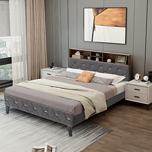 Giantex Queen Size Bed Frame with Storage Headboard, Modern Upholstered Platform Bed w/ 4 Storage Shelves & Hidden Space, Mattress Foundation, 12 Strong Slats Support, No Box Spring Needed