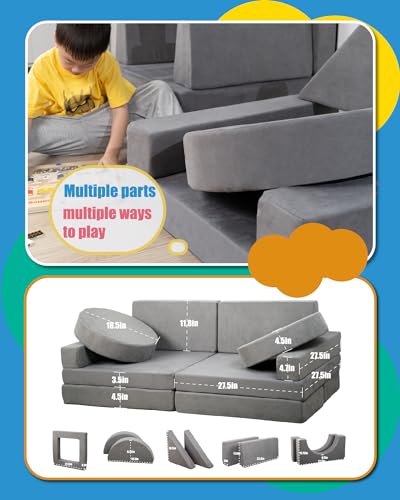 Kids Sofa Couch 15PCS - Modular Toddler Play Couch with Removable Cover, Multifunctional Kids Couch for Playroom Bedroom - Convertible Foam Toddler Sofa for Girls and Boys (Gray)