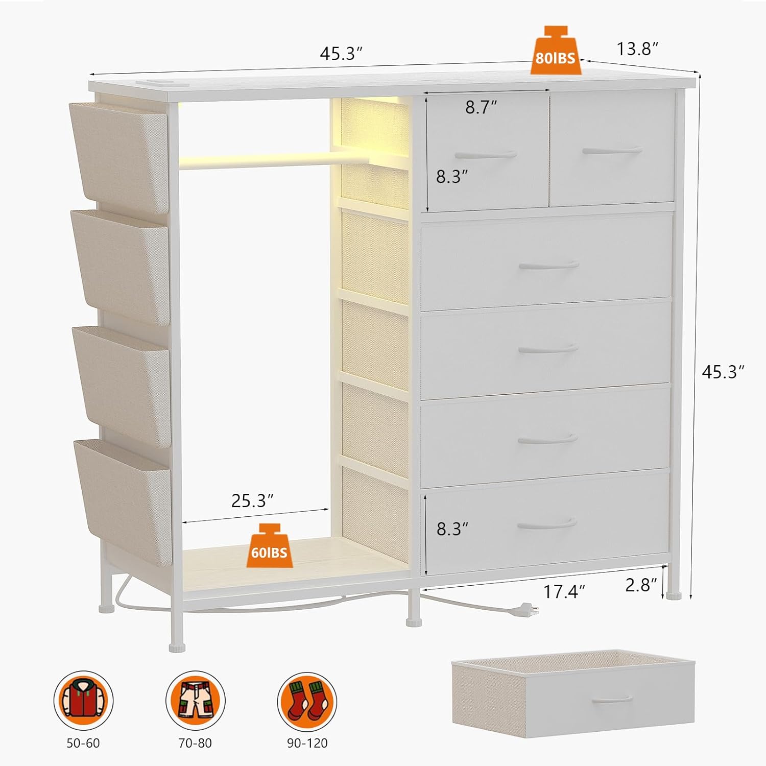 6 Drawer Dresser for Bedroom With Clothes Rack, Clothes Dresser with Side Pockets and Hooks, Charging Station & LED lights, Kids Bedroom Dresser, Closet Dresser, Wooden Top, PU Storage, White