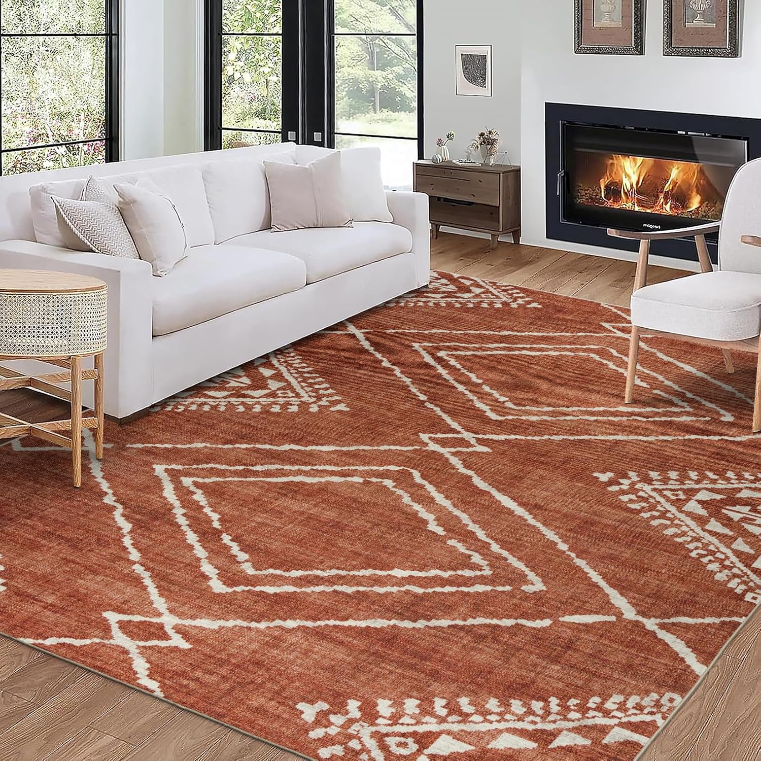 ReaLife Machine Washable Area Rug - Living Room Bedroom Bathroom Kitchen Entryway Office - Padded Low Pile Stain Resistant Premium - Moroccan Diamond Tribal - Jax - Orange 7'6