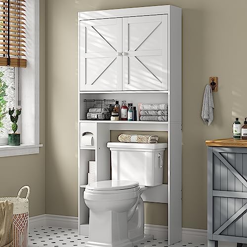Over The Toilet Storage Cabinet with Barn Doors, 32.3''W Free Standing Toilet Storage Shelf Space Saver with Adjustable Bottom Bar, White