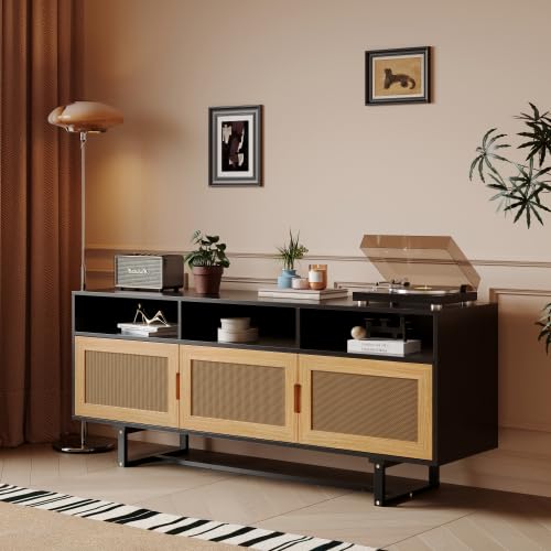3-door Retro Rattan TV Stand for Living Room Modern Entertainment Center with Open Shelves Under 75