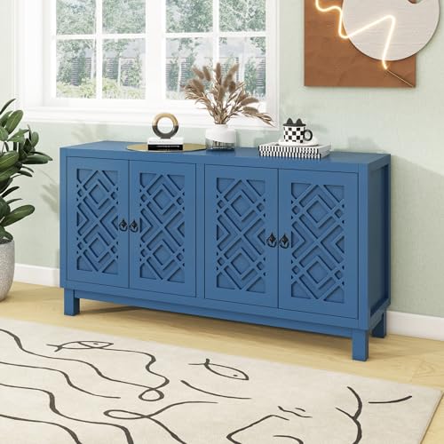 (Navy Large Storage Space Sideboard, Pull Ring Handles for Living, Dining Room, 60