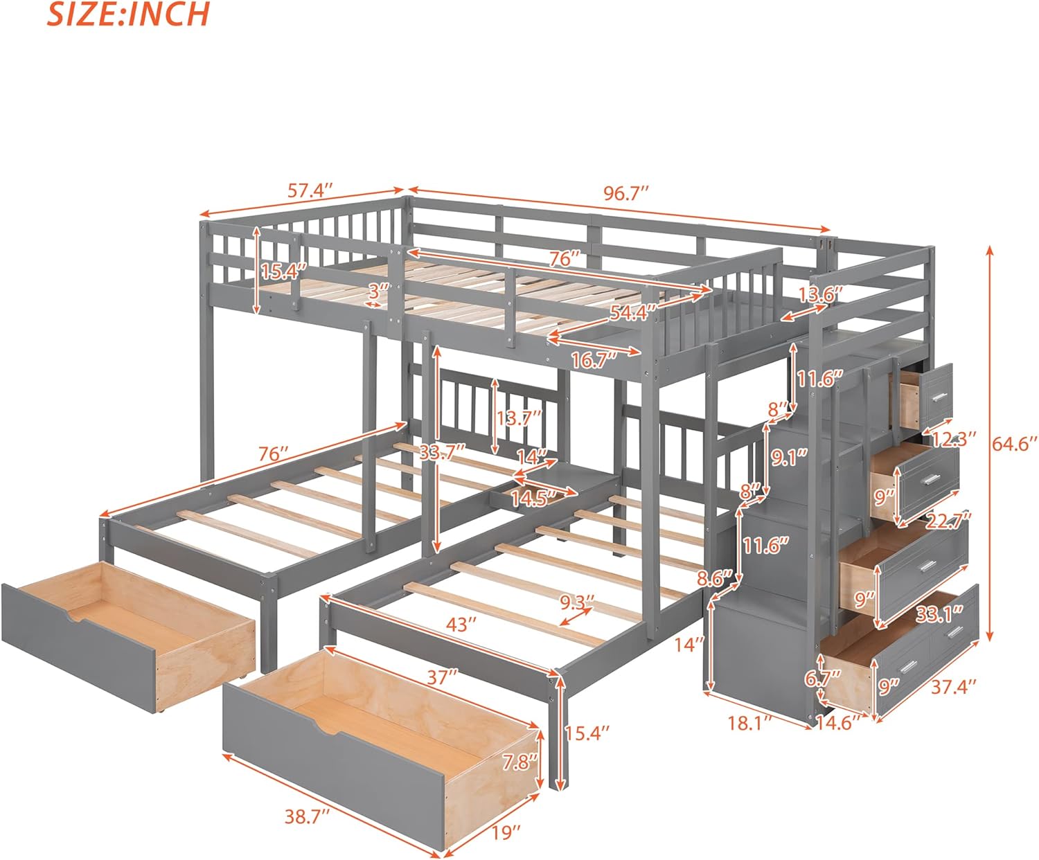 SOFTSEA Full Over Twin & Twin Triple Bunk Bed, L-Shaped Bunk Bed with Staircase and Drawers, Bunk Beds with 2 Storage Drawers for Large Family, Wood Bed Frame with Guardrails for Kids, 3 Beds in 1