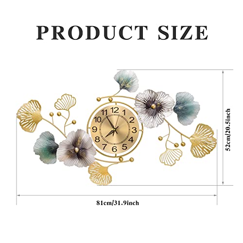 Large Wall Clock for Living Room Decor,3D Gold Metal Ginkgo Leaf Wall Clock,35.8 Inch Modern Luxury Art Design Clock for Bedroom, Office,Home