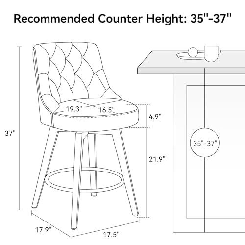 Modern 26 inch Upholstered Bar Stools, Thickened Counter Height Swivel Barstool Set, Faux Leather Bar Chairs with High Back, Wood Legs for Bar, Kitchen Island, Dining Room, Brown Seat