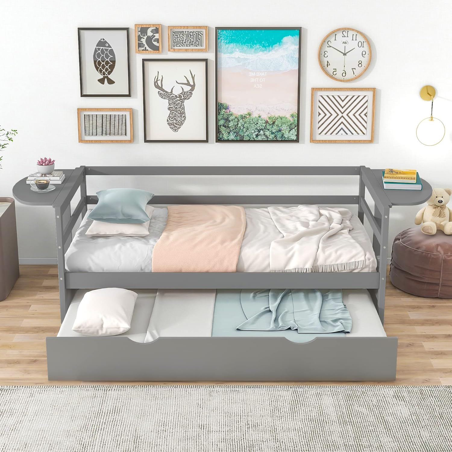 Twin Daybed with Pull Out Trundle/Foldable Shelves on Both Sides/Slat Support/Space Saving Adjustable Trundle Bed and Multi-Functional Furniture for Living Room and Guest Room