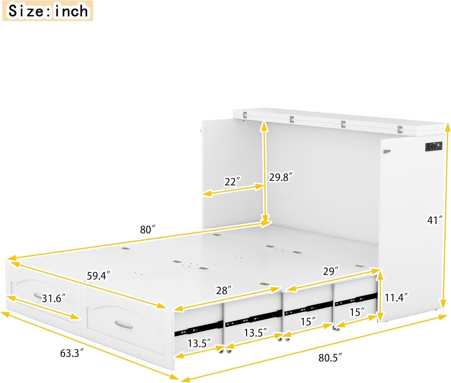 Queen Size Murphy Bed Wall Bed with Charging Stations and Storage Drawer, Space-Saving Cabinet Bed, Pulley Structure Design, Murphy Bed Chest for Home Office Guest Room, White