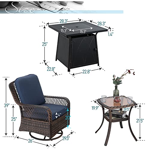 PHI VILLA Oversized Outdoor Wicker Patio Furniture Set 3 Piece, 2 Rattan Swivel Rocker Patio Chairs Large Oversized Deep Seating Group with Navy Blue Cushions & Side Table