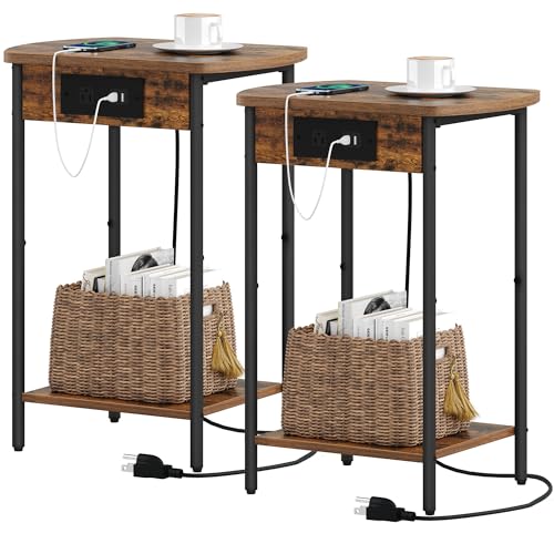 End Tables with Charging Station, Narrow Side Tables Living Room, Nightstands Set of 2, Storage Bed Side Tables with USB Port & Outlet, Greige and Black ET15205B