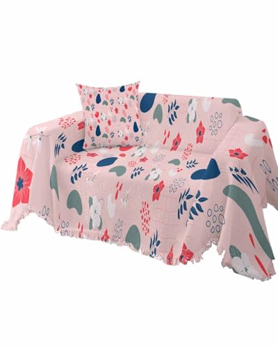 Boho Cover Couch Covers for 3-4 Cushion Couch Throw Couch Cover with Tassel Soft Slipcover Abstract Simple Red Green Blue Geometric Texture on Burlap Couch Furniture Protector for Dog Pet 71