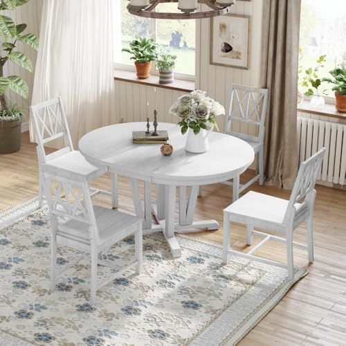 Rustic 5-Piece Extendable Dining Table Set, Round Trestle Table & 4 Cross Back Dining Chairs, Solid Wood, for Kitchen & Dining Room, Adjustable Table Length, Natural Finish (Natural)
